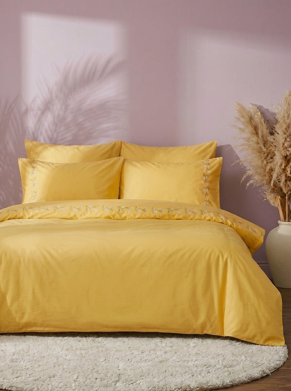 Alissa Yellow Floral Embroidered Cotton Double Duvet Cover Set – 6 Pieces