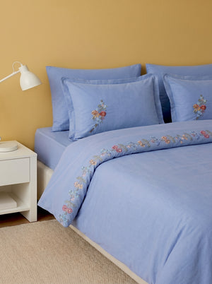 Velora Blue Floral Embroidered Cotton Double Duvet Cover Set – 6 Pieces