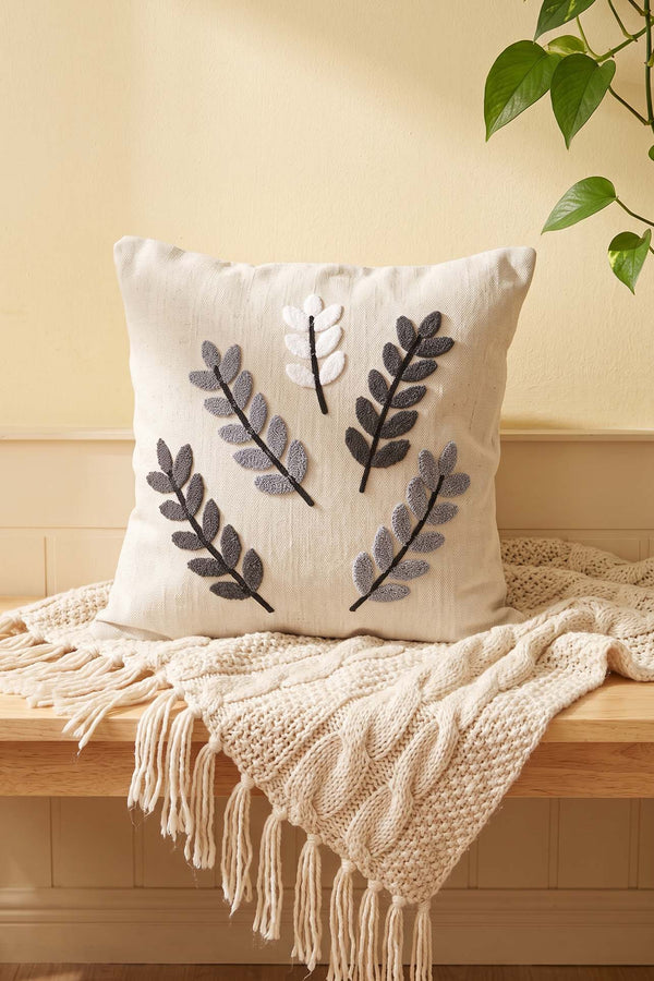 Gray Olive Branch Patterned Punch Decorative Cushion Cover