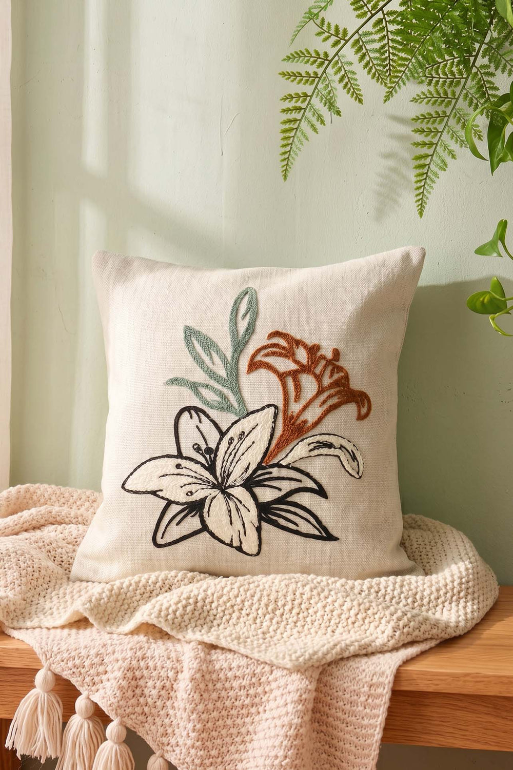 Black Striped Lily Pattern Decorative Punch Cushion Cover