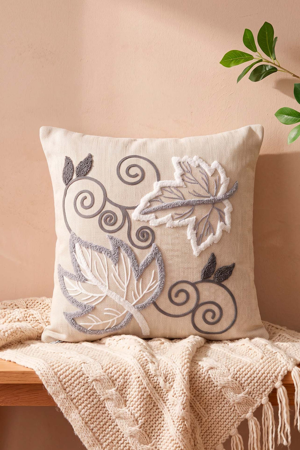 Gray Leaf Patterned Punch Decorative Cushion Cover