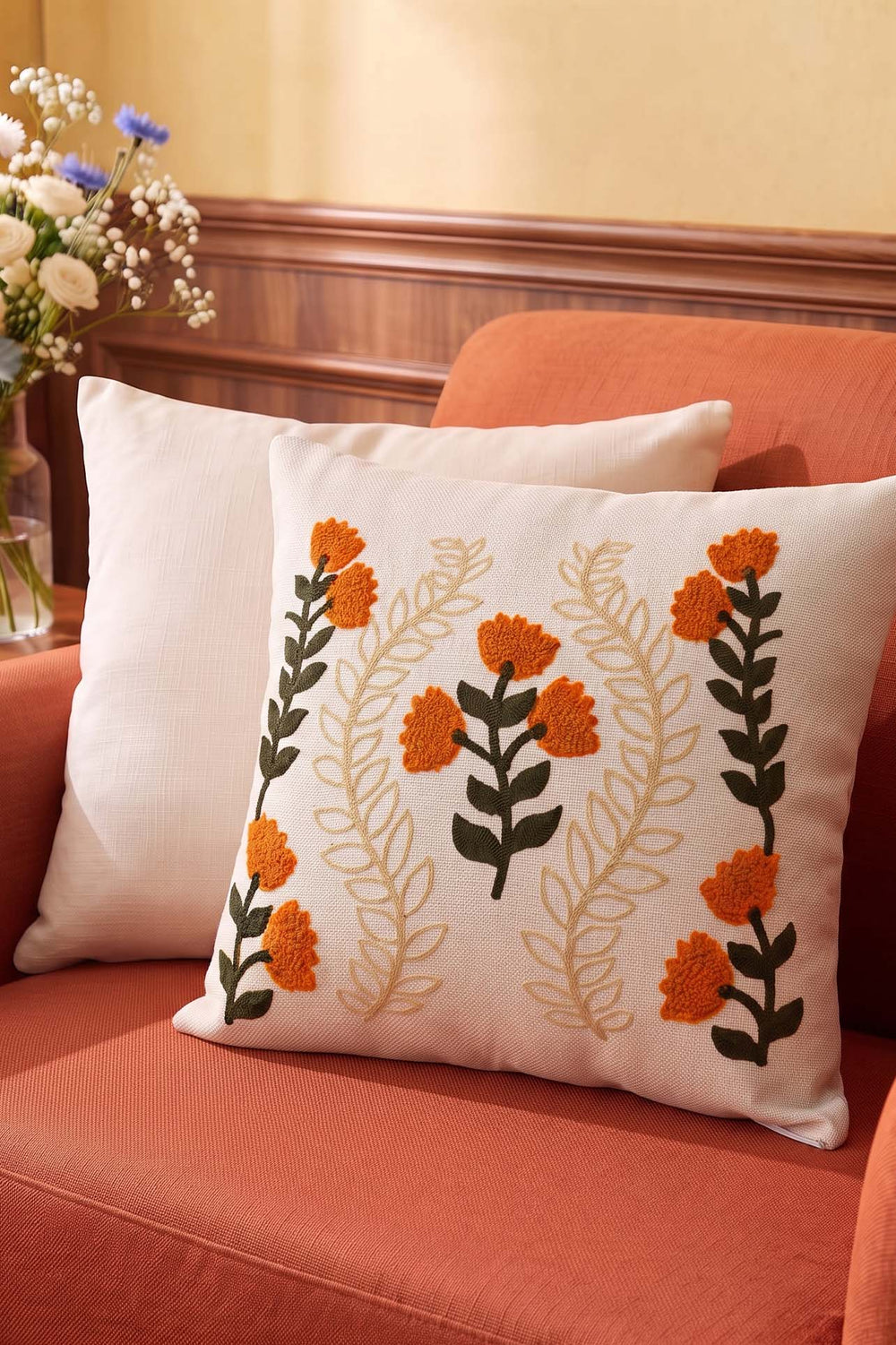 Amber Floral Pattern Punch Decorative Cushion Cover