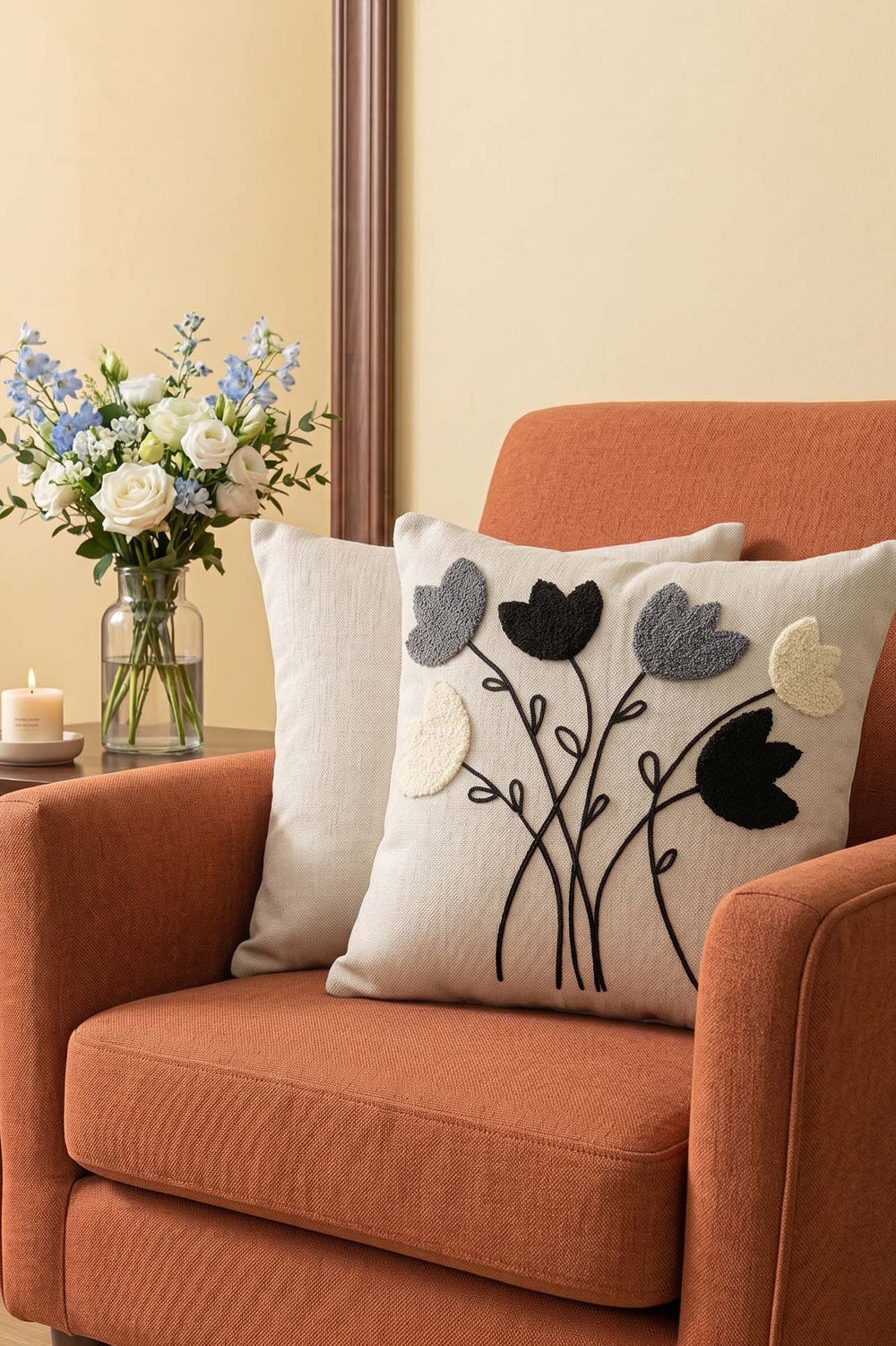 Dark Gray Tulip Pattern Decorative Punch Cushion Cover