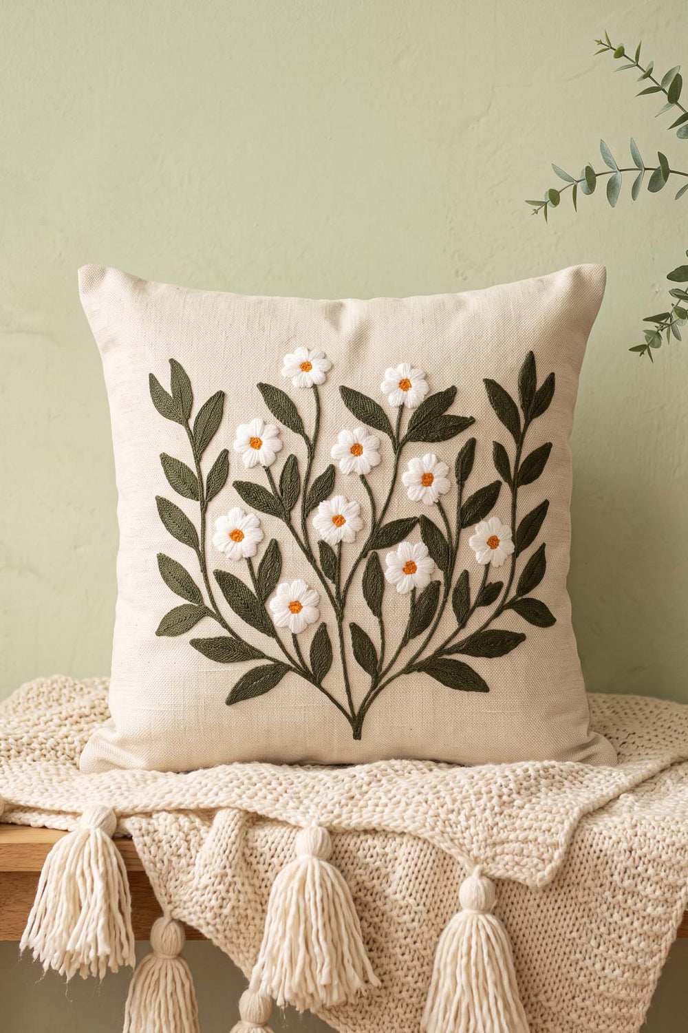 Green Daisy Branch Pattern Punch Decorative Cushion Cover