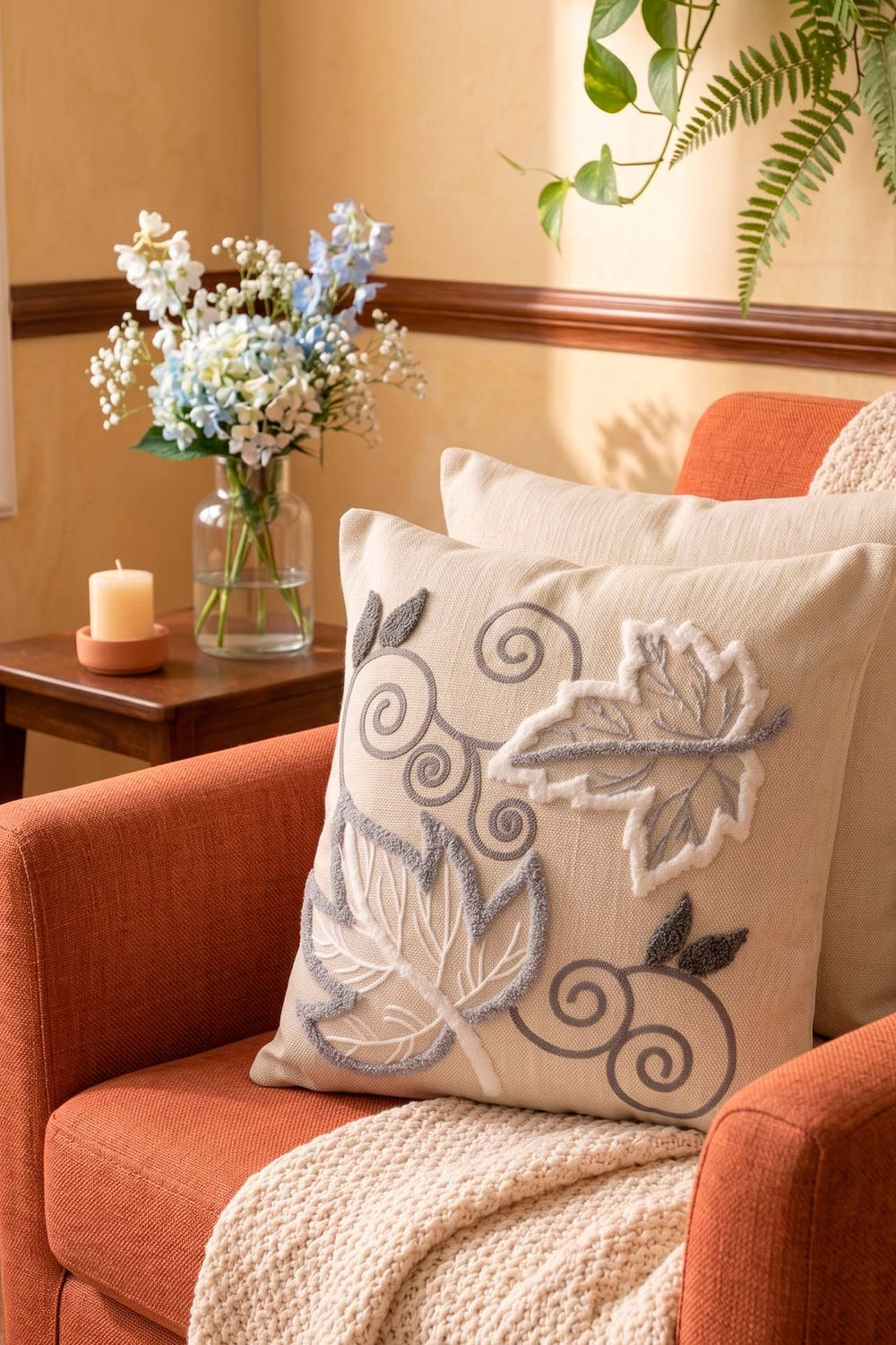 Gray Leaf Patterned Punch Decorative Cushion Cover