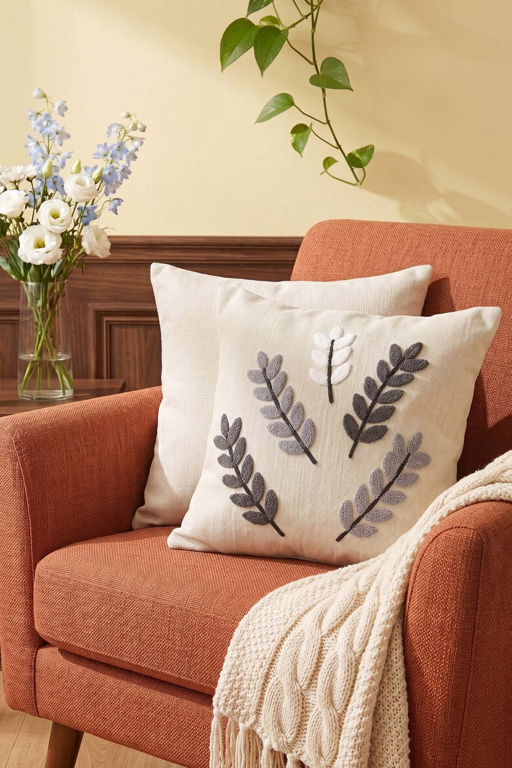 Gray Olive Branch Patterned Punch Decorative Cushion Cover