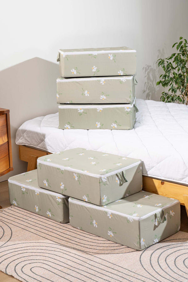 Green Daisy Patterned 6-Piece Zip Storage Set for Under Bed and Sofa Bed
