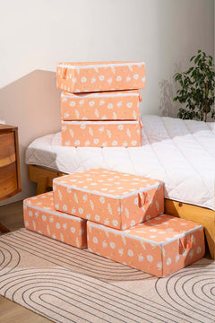 Orange Daisy Patterned 6-Piece Zip Storage Set for Under Bed and Sofa Bed