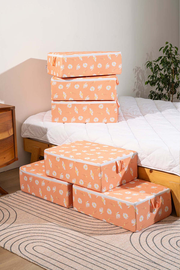Orange Daisy Patterned 6-Piece Zip Storage Set for Under Bed and Sofa Bed