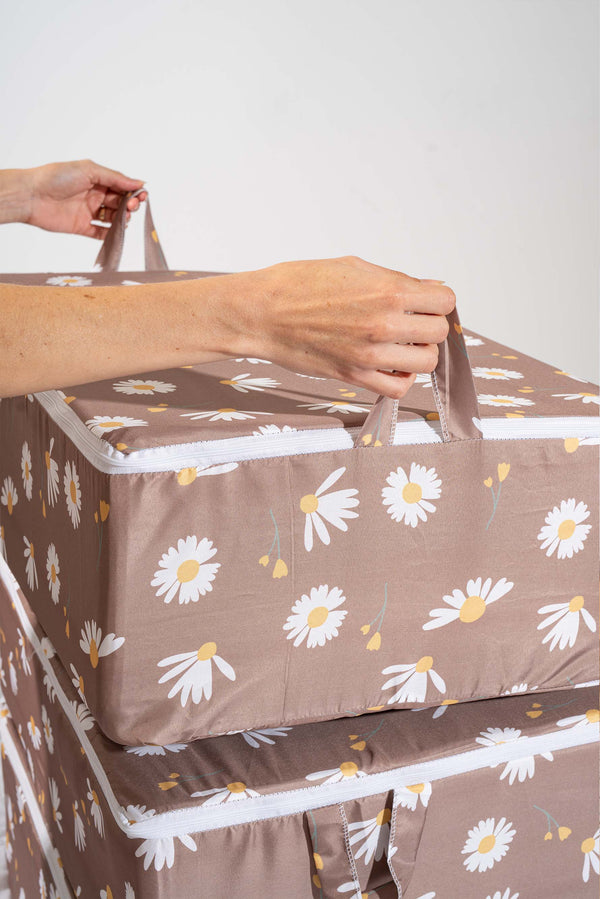 Brown Daisy Patterned 6-Piece Zip Storage Set for Under Bed and Sofa Bed