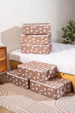 Brown Daisy Patterned 6-Piece Zip Storage Set for Under Bed and Sofa Bed