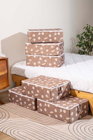 Brown Daisy Patterned 6-Piece Zip Storage Set for Under Bed and Sofa Bed
