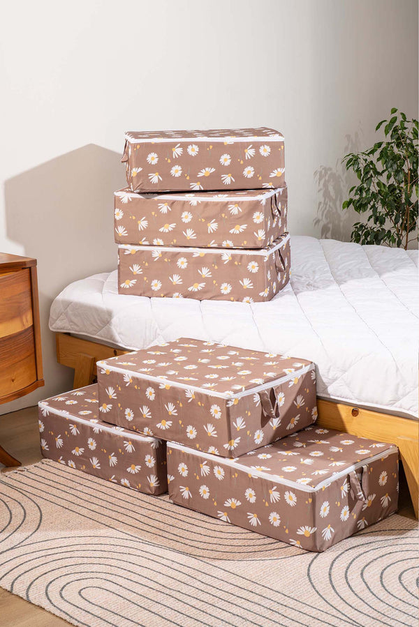 Brown Daisy Patterned 6-Piece Zip Storage Set for Under Bed and Sofa Bed