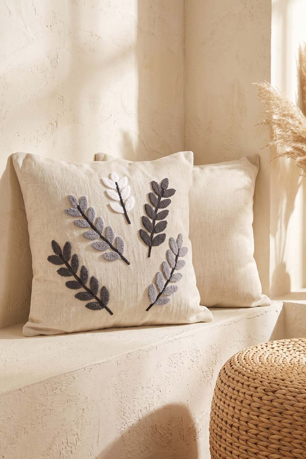 Gray Olive Branch Patterned Punch Decorative Cushion Cover