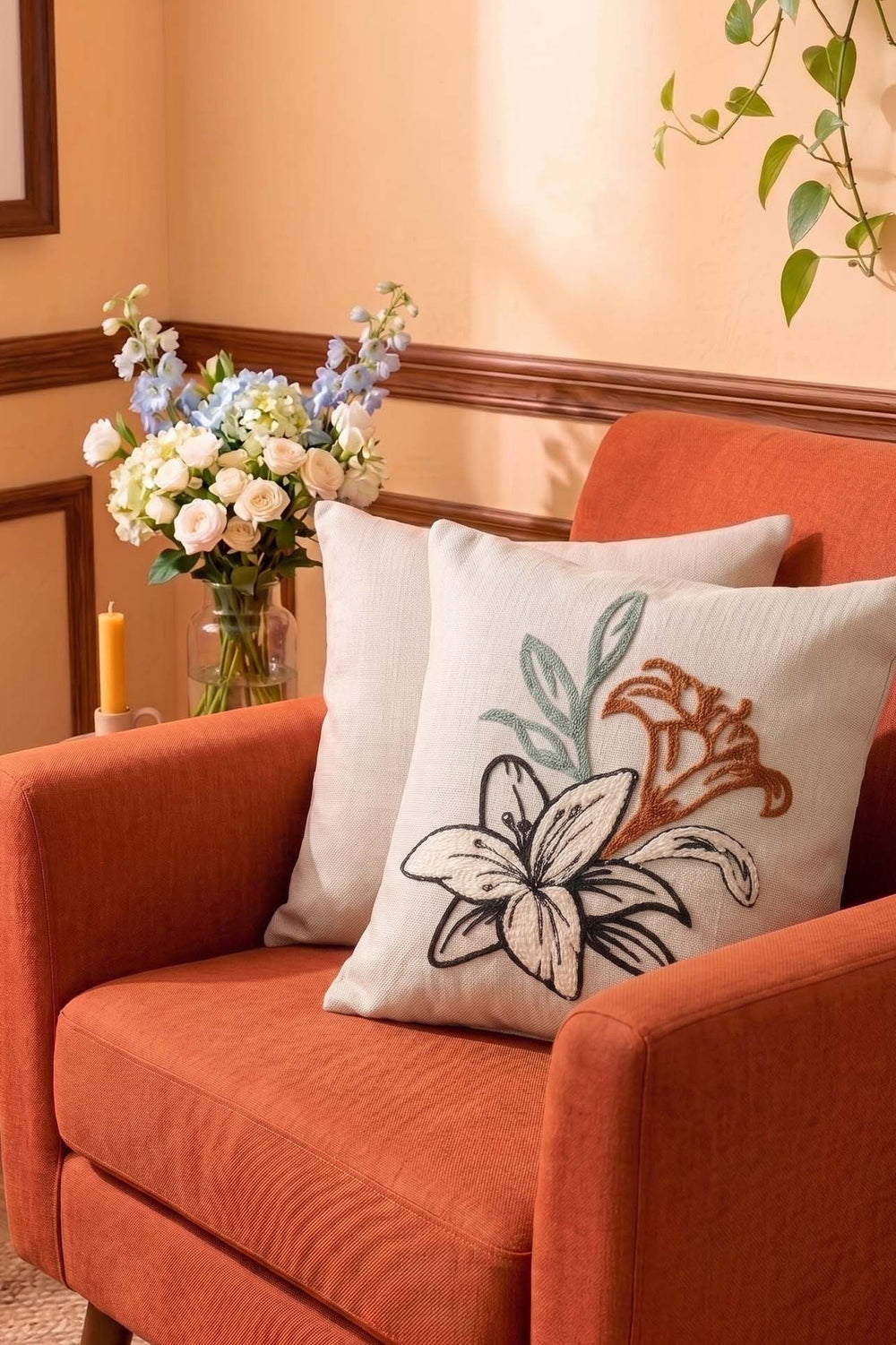 Black Striped Lily Pattern Decorative Punch Cushion Cover