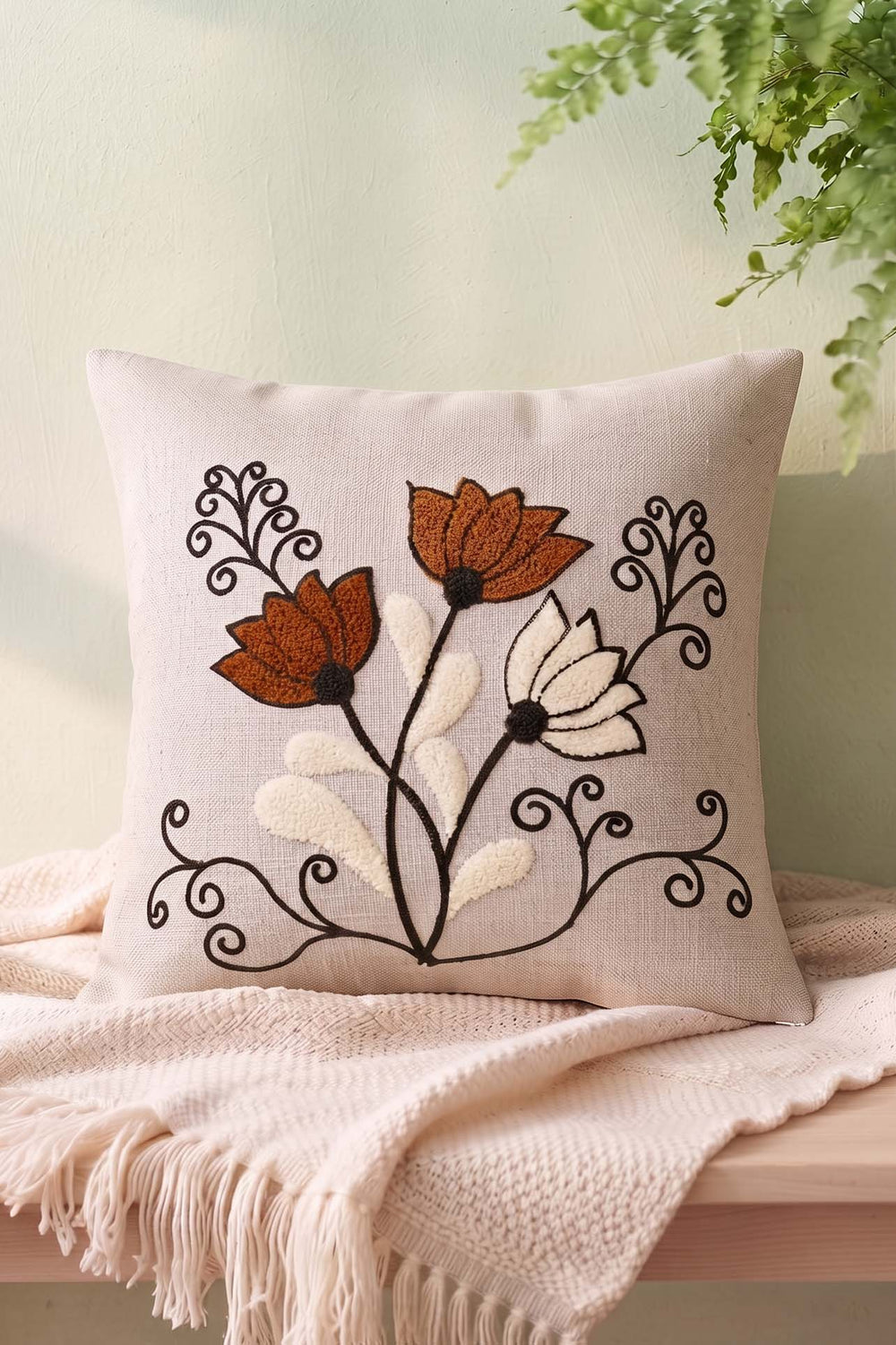 Brown Curved Branch Pattern Punch Decorative Cushion Cover