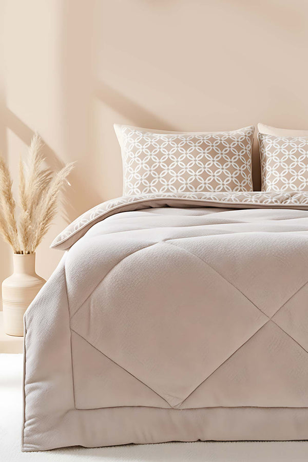 Beige Geometric Loura Single Size Reversible Luxury Wellsoft Duvet Set 155x215 cm