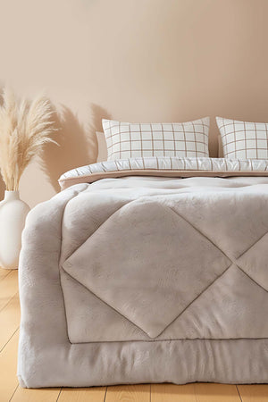 Beige Checkered Single-Sided Double Luxury Wellsoft Quilt Set 155x215 cm