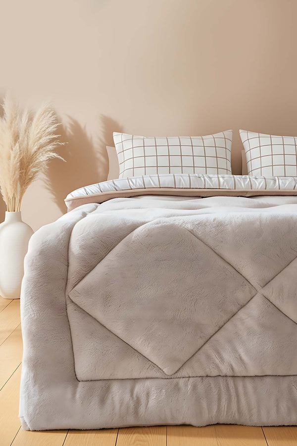Beige Checkered Single-Sided Double Luxury Wellsoft Quilt Set 155x215 cm