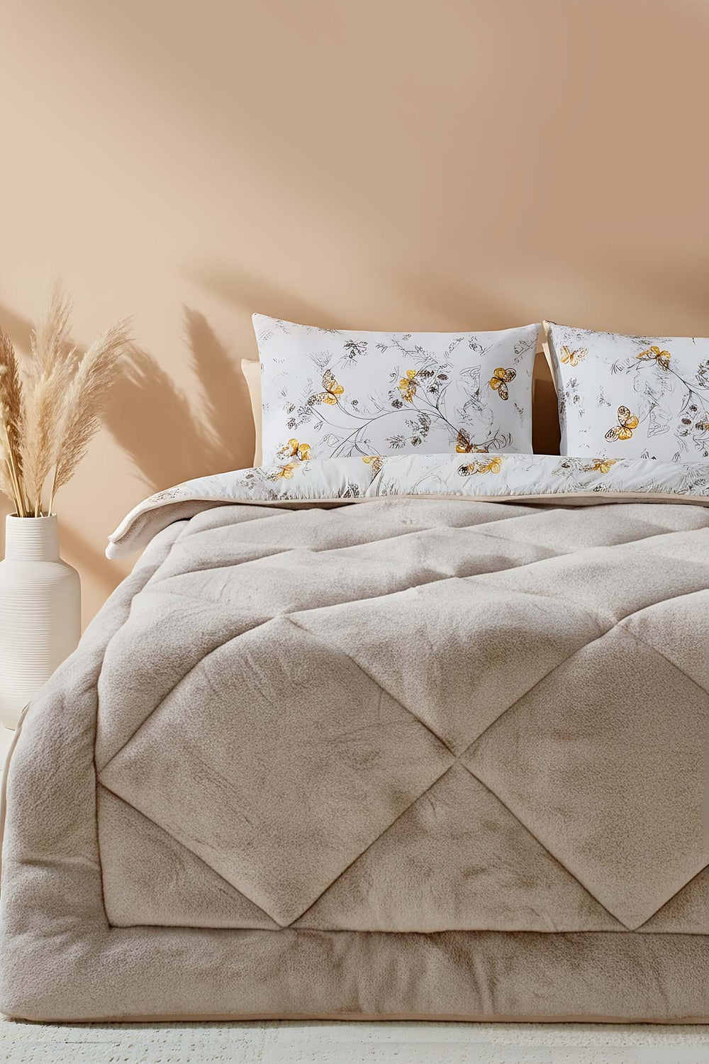Beige Butterfly Loura Single Size Double-Sided Lux Wellsoft Duvet Set 155x215 cm