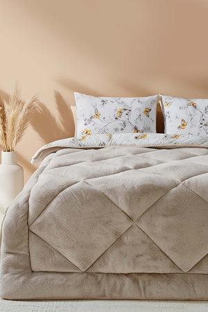 Beige Butterfly Loura Single Size Double-Sided Lux Wellsoft Duvet Set 155x215 cm
