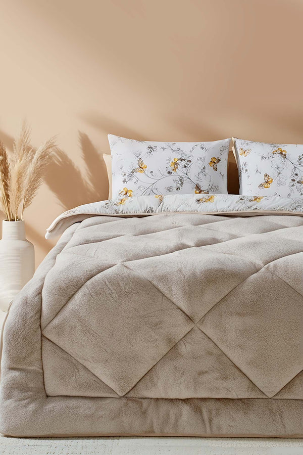 Beige Butterfly Loura Single Size Double-Sided Lux Wellsoft Duvet Set 155x215 cm