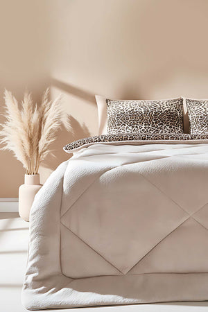Beige Leopard Loura Single-Sided Double-Sided Luxury Wellsoft Quilt Set 155x215 cm