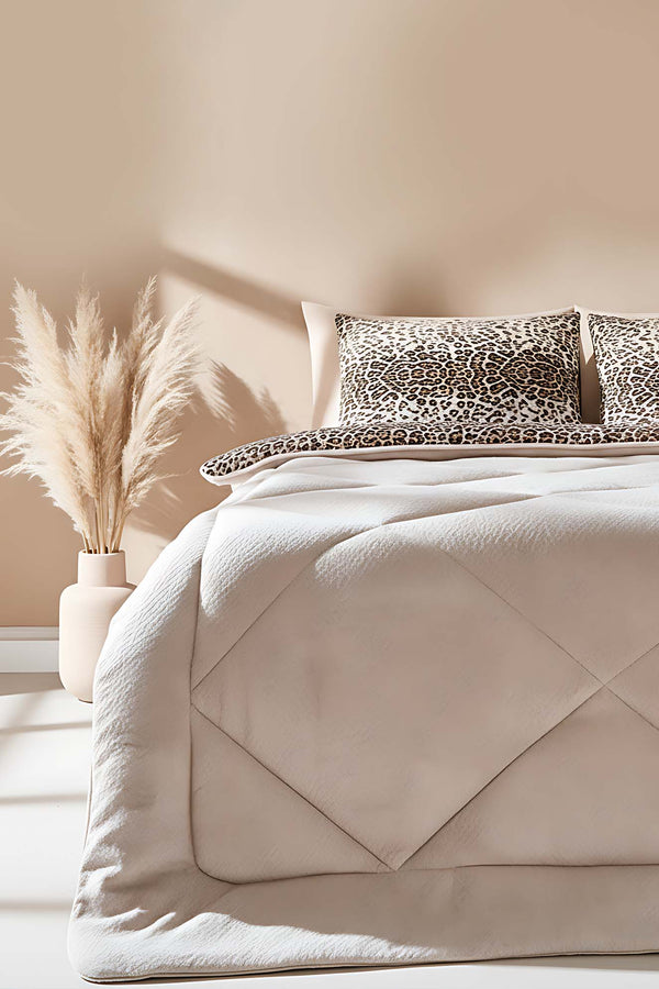 Beige Leopard Loura Single-Sided Double-Sided Luxury Wellsoft Quilt Set 155x215 cm
