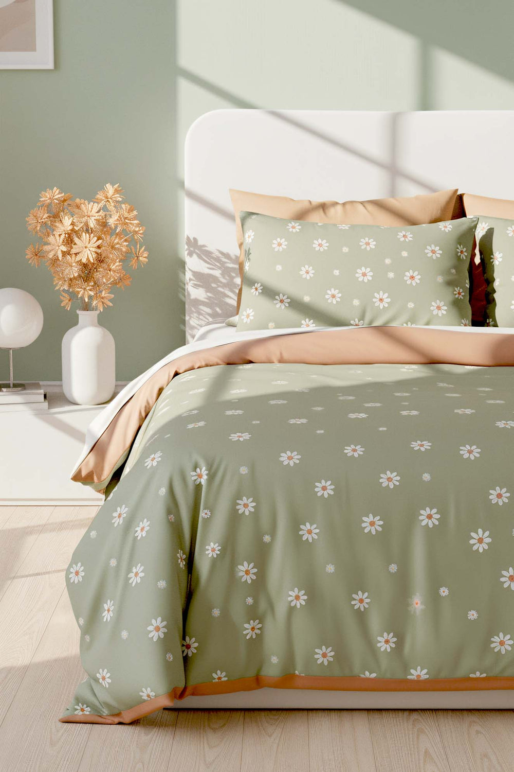 Minimal Green Daisy Double Duvet Cover Set Cotton