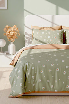 Minimal Green Daisy Polycotton Double Size Duvet Cover Set, Zipper, 200×215 cm, 3-Piece