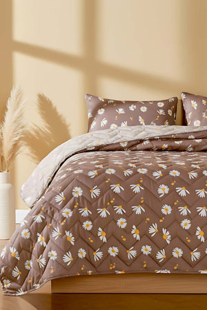 Brown Daisy Quilted Double Cotton Bedspread & Cover