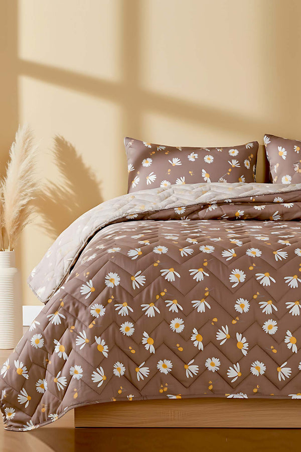 Brown Daisy Quilted Double Cotton Bedspread & Cover