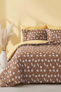 Brown Daisy Polycotton Single Duvet Cover Set – Zipper Closure, 2-Piece, 160x215 cm