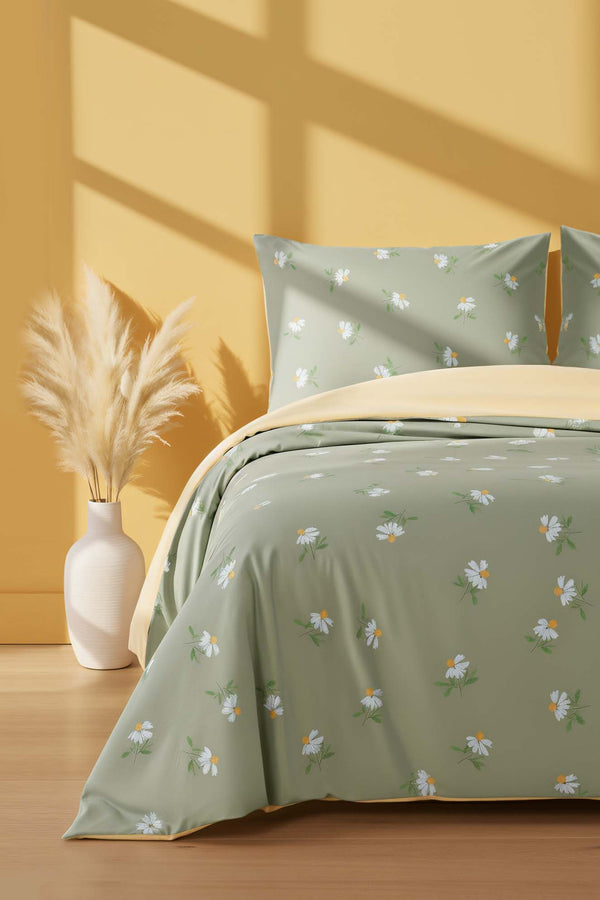 Green Daisy Double Duvet Cover Set - Cotton