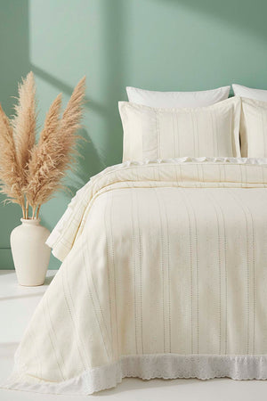 Esila Ecru Ruffled & Embroidered 7-Piece Bridal/Quilt Set – Polycotton Duvet Cover, Bedspread & Sheet Set, King/Cal-King Size