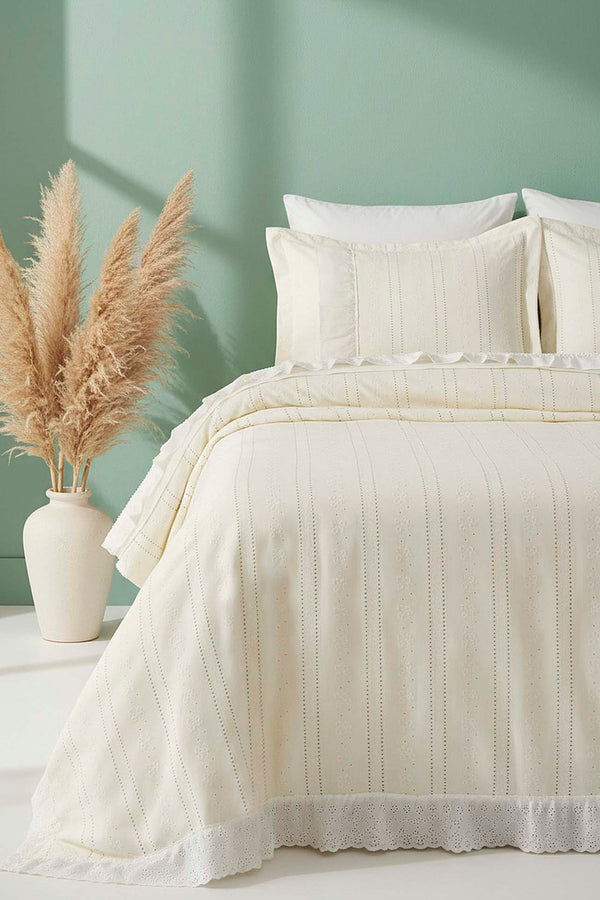 Esila Ecru Ruffled & Embroidered 7-Piece Bridal/Quilt Set – Polycotton Duvet Cover, Bedspread & Sheet Set, King/Cal-King Size