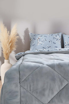 Grey Floral Loura Single/Twin Ultra-Lux Reversible Comforter/Quilt Set – Wellsoft & Cotton Blend, All-Season, 2-Piece, 155x215 cm