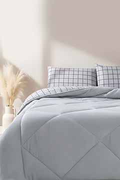 Gray Checked Loura Single/Twin Ultra-Lux Reversible Comforter/Quilt Set – Wellsoft & Cotton Blend, All-Season, 2-Piece, 155x215 cm