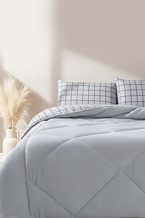 Gray Checked Loura Single-Sided Reversible Lux Wellsoft Quilt Set 155x215 cm
