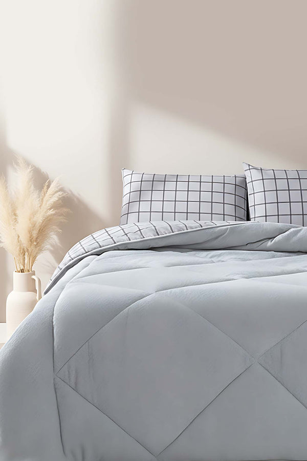 Gray Checked Loura Single-Sided Reversible Lux Wellsoft Quilt Set 155x215 cm