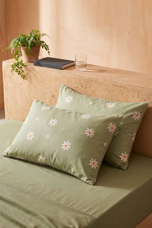 Minimal Green Daisy Cotton 2-Piece Pillowcase Set 50x70 cm