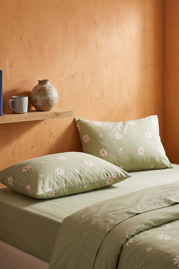 Minimal Green Daisy Cotton 2-Piece Pillowcase Set 50x70 cm