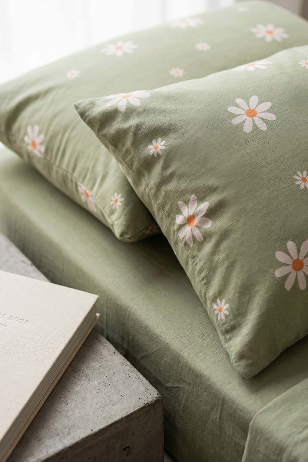 Minimal Green Daisy Cotton 2-Piece Pillowcase Set 50x70 cm