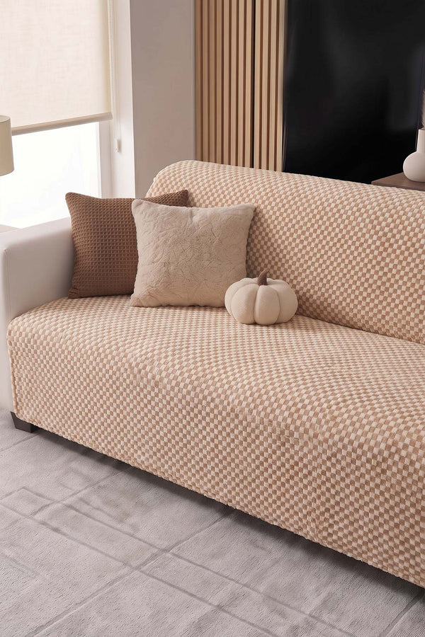 Beige Gingham Patterned Fleece Sofa Cover with Soft Texture – 170 × 210 cm