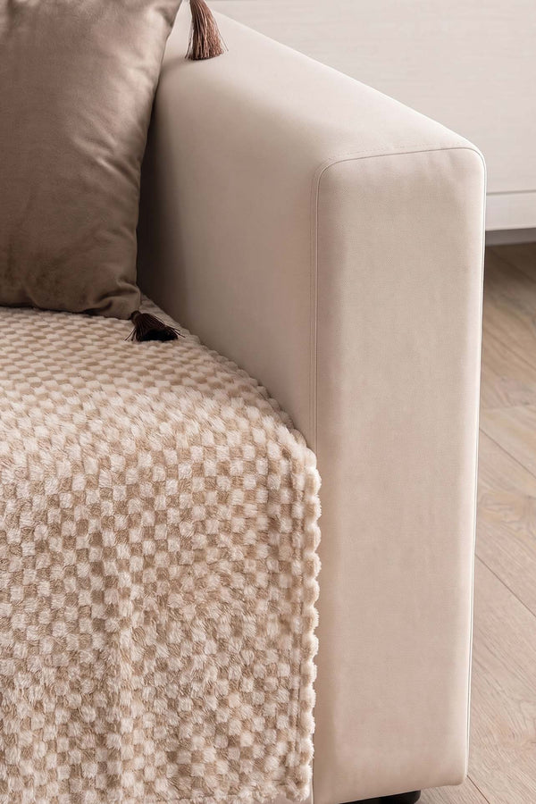 Beige Gingham Patterned Fleece Sofa Cover with Soft Texture – 170 × 210 cm