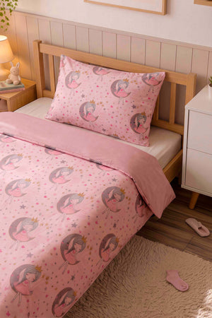 Moon Girl Powder Pink Single Cotton Duvet Cover Set