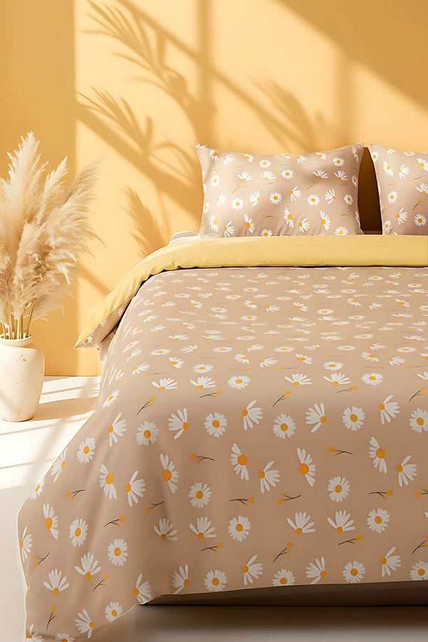 Beige Daisy Double Size Duvet Cover Set – Cotton