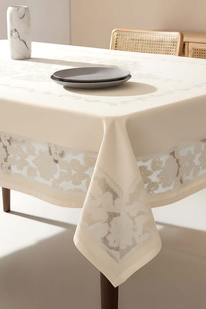 Jumbo Cream Jacquard Tablecloth – Liquid Repellent, Stain Resistant, 100% Polyester, 160x220 cm