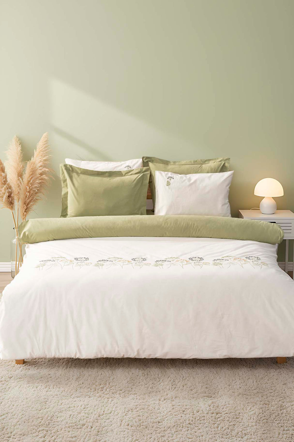 Botanic Green 100% Cotton Embroidered Duvet Cover Set, 6-Piece Double Size Bedding – Breathable Fabric, 200x220 cm