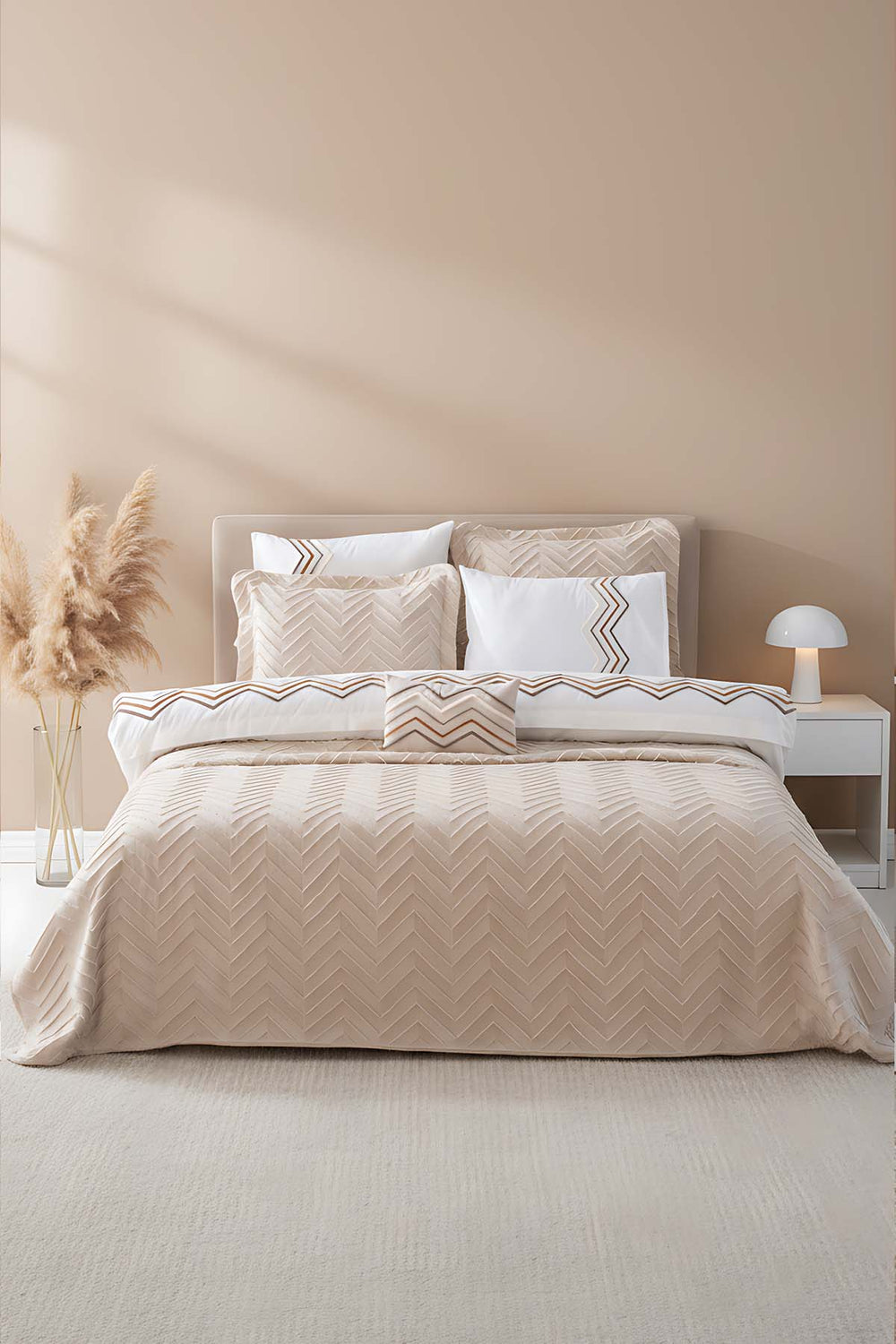 Almila Beige Embroidered 8-Piece Bridal/Quilt Set – Polycotton Duvet Cover, Bedspread & Sheet Set, Queen/King Size